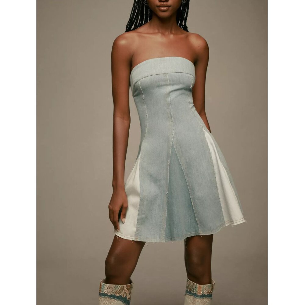 Anthropologie Pilcro Strapless Seamed Denim Mini Dress Light Blue XL
